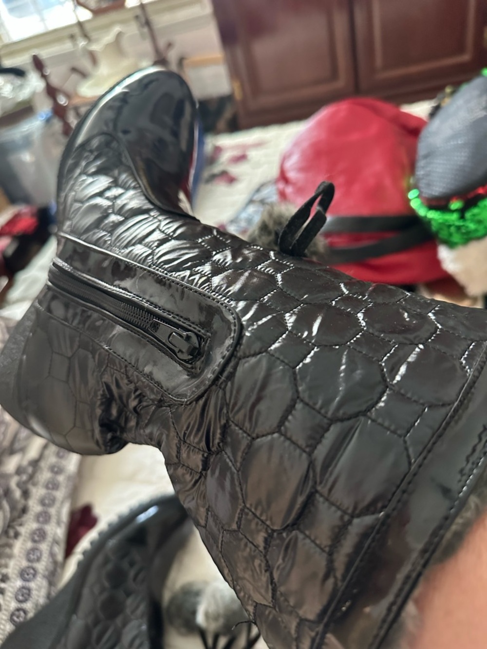 Quilted Patent Black Snow Boots